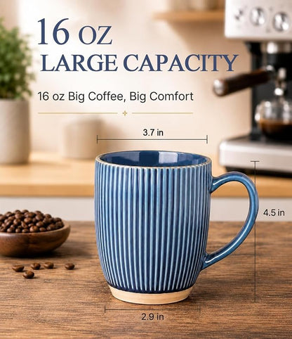GBhome Large Coffee Mugs Set of 4, 16oz Handmade Embossed Coffee Mugs Set with Large Handle for Cappuccino/Latte/Tea/Hot Cocoa, Dishwasher & Microwave Safe, Blue