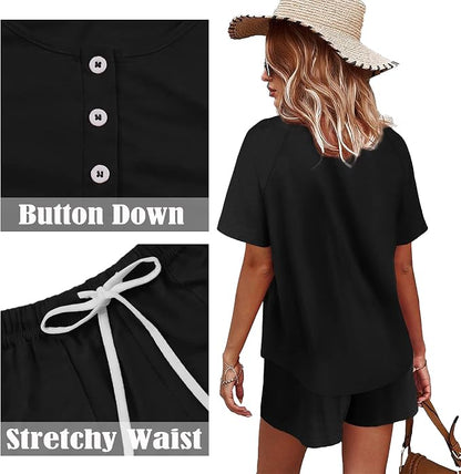 WIHOLL Two Piece Outfits for Women Lounge Sets Button Down Top and Shorts Set Sweatsuits with Pockets