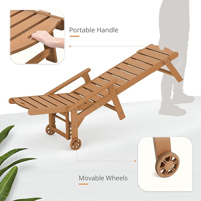 LUE BONA Outdoor Chaise Lounge Chairs Set of 2, HDPS Chaise Lounger, 5 Positions Adjustable Lounge Chairs, Pool Lounge Chair with Wheels for Poolside, Patio, Restaurant, 3 Year Warranty, Teak Color