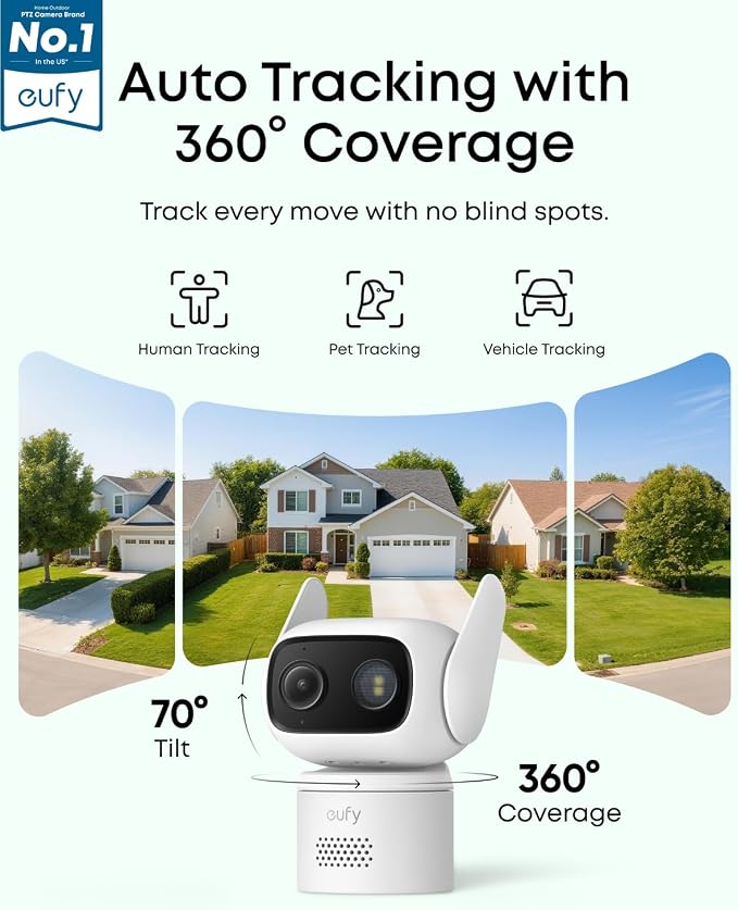 eufy Security Indoor&Outdoor Camera C31,2-Pack with HomeBase Mini(64GB Included),IP66,Spotlight-Free Color Night Vision,360°Pan&Tilt, AutoTracking,Human/Car/Pet/Cry Detection,24/7 Recording