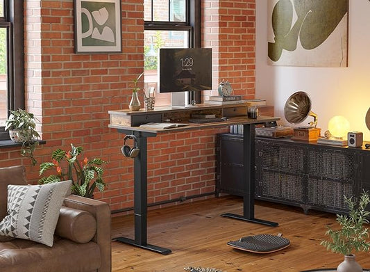 FEZIBO 40 x 24 Inch Height Adjustable Electric Standing Desk with Double Drawer, Stand Up Desk with Storage Shelf, Sit Stand Desk, Rustic Brown