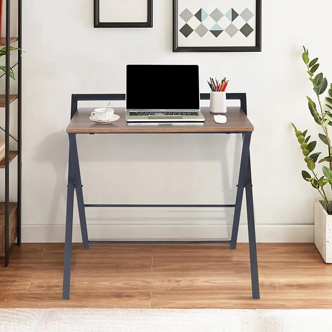 Folding Desk, Foldable Table Space Saving Computer Sturdy Writing Table Workstation for Home Office with Metal Frames/Wood Top Laptop, No Assembly Required, Brown