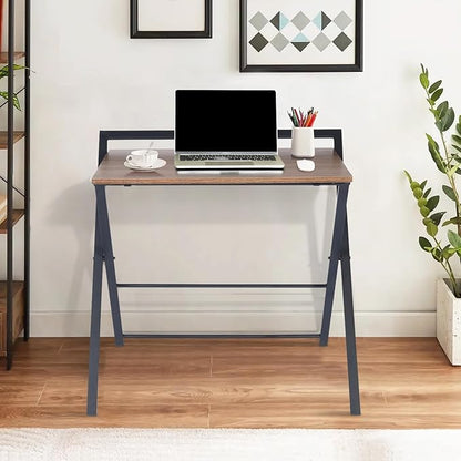 Folding Desk, Foldable Table Space Saving Computer Sturdy Writing Table Workstation for Home Office with Metal Frames/Wood Top Laptop, No Assembly Required, Brown