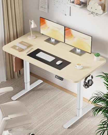 Electric Standing Desk Adjustable Height Stand Up Desk, 48" x 24" Sit Stand Desk, Low Noise Home Office Desk, Computer Desk with Whole-Piece Board, Child Lock & Memory Function, Maple