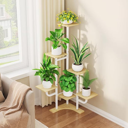 Corner Plant Stand with Grow Light - 6 Tier Plant Stand Indoor Square Metal Plant Shelf with Adjustable Light, Plant Organizer for Living Room, Graden, Home Decor (Maple)