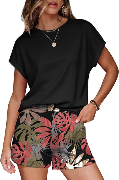 WIHOLL Two Piece Sets for Women Summer Lounge Short Sets Cap Sleeve Crew Neck Sweatsuit with Pocket XS-2XL