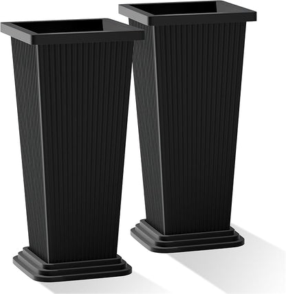 Tall Black Planters Outdoor Set of 2, Large Outdoor Tall Planters Pots with Tray, Modern Tapered Flower Planter for Front Porch, Patio, Garden (24", Ribbed)