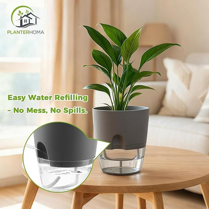 12 Pack Self Watering Pots for Indoor Plants, PlanterHoma 3.2 Inch Plant Pot Plastic Self Watering Planter for Orchid, African Violet, Mini Clear Flower Pots with Drainage Holes and Wicking Rope, Grey