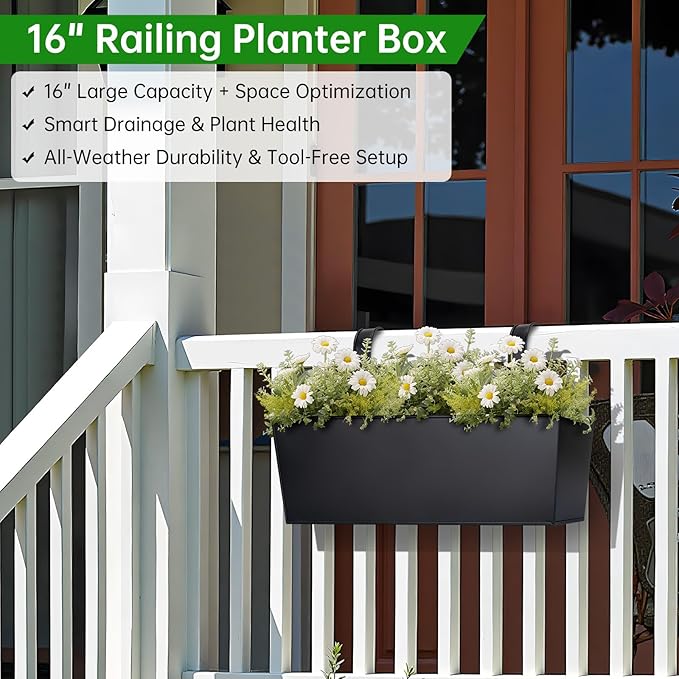 OGIMA 16-Inch Railing Planter Box, 3 Pack Large Hanging Planters for Outdoor Plants with Adjustable Wide Hooks for 2.7'' Railings - Balcony Planters Railing Hanging for Deck, Fence & Patio Decor
