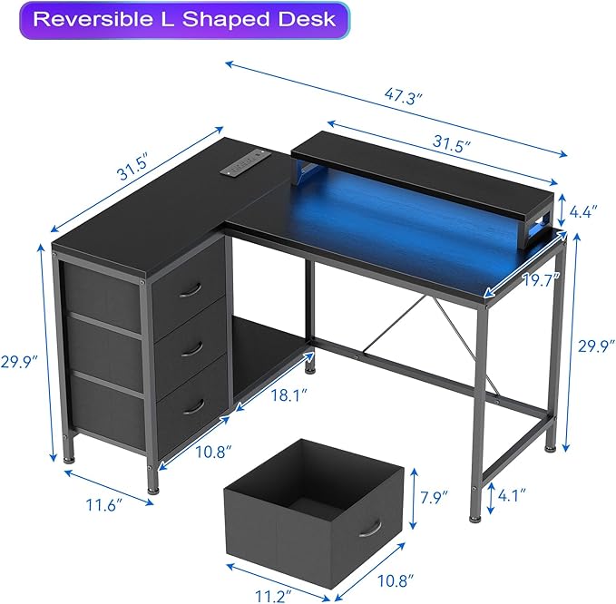 L Shaped Desk with Power Outlets & LED Lights, Computer Desk with Drawers & Shelves, Corner Desk Gaming Desk Home Office Desk, Black