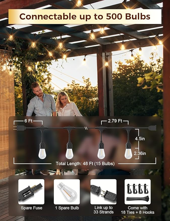 XMCOSY+ 48FT Outdoor String Lights Waterproof - LED Patio Hanging Lights for Outside Porch Backyard Gazebo Garden, Commercial Grade 16 Edison Bulbs