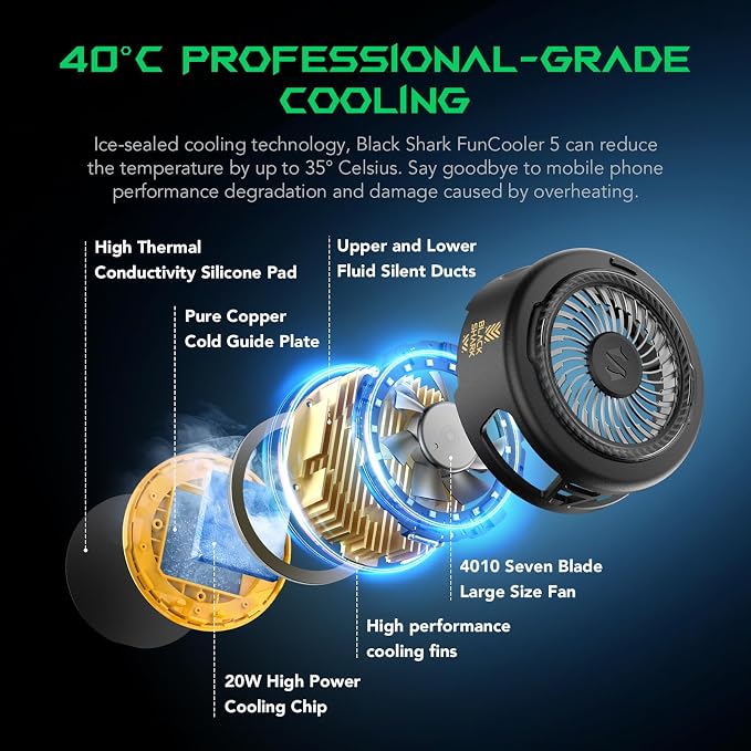 Black Shark FunCooler 5 Magnetic Cell Phone Cooler for Gaming, Portable Mobile Phone Cooling Fan with RGB Light, Cellphone Radiator for iPhone Magnetic Series/Android/Tablet/iPad (Black)