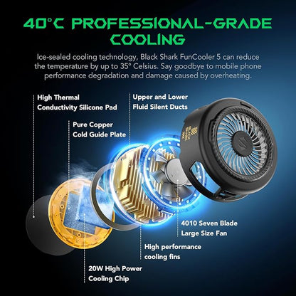 Black Shark FunCooler 5 Magnetic Cell Phone Cooler for Gaming, Portable Mobile Phone Cooling Fan with RGB Light, Cellphone Radiator for iPhone Magnetic Series/Android/Tablet/iPad (Black)