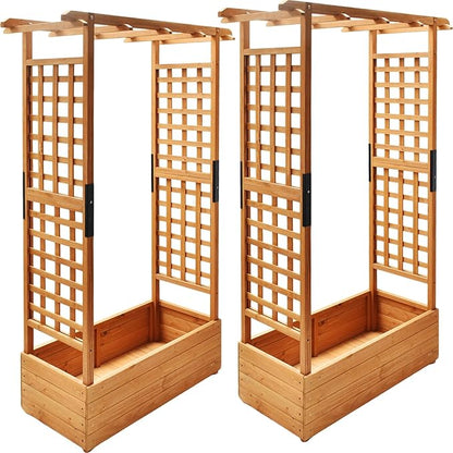 Raised Garden Bed with Wood Trellis Set of 2 Outdoor Planter Box for Tomatoes Climbing Vegetables Herbs Flowers Patio Pots Tall Hanging Roof 2 Drainage Holes Orange, 42.5" L x 17.3" W x 66.1" H