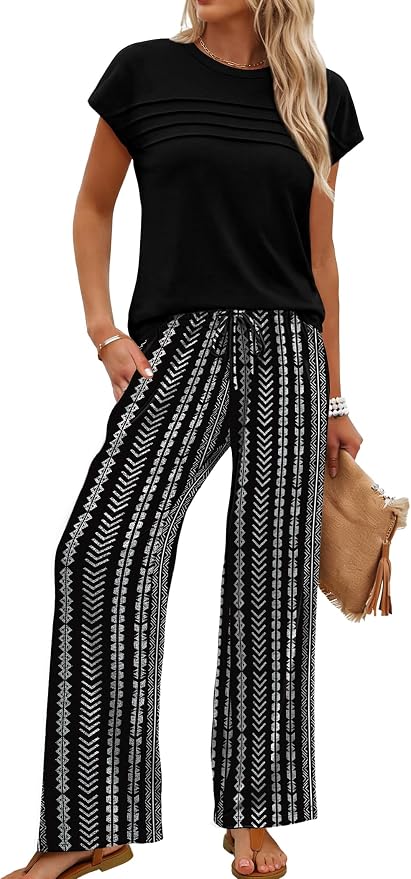 WIHOLL Two Piece Set for Women Summer Spring Outfits Matching Sets Women Clothing Airport Travel Vacation Wide Leg Pants