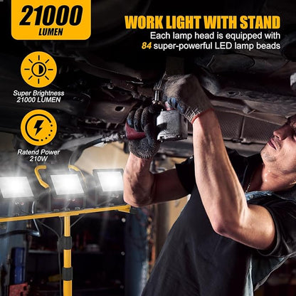 21000Lumen LED Work Lights with Stand - 3 Head Portable Work Light on Stand - IP66 Waterproof Tripod Worklights for Outdoor Indoor Job Site Workshop Garage Construction Site Lighting
