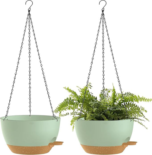 10 Inch Hanging Baskets 2 PC with Chains, Self-Watering Hanging Planters for Indoor Outdoor Plants, Plastic Hanging Flower Pots,Green Brown