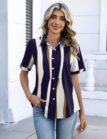 Zeagoo Button Down Shirts for Women Short Sleeve Collared Tops Dressy Casual V Neck Blouses