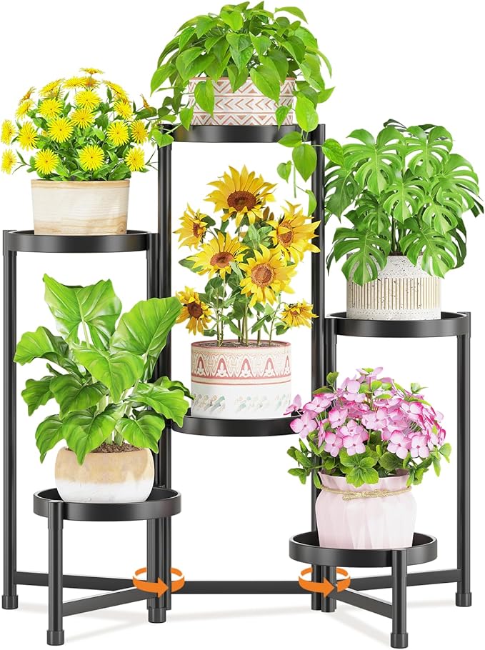 LASZOLA 6 Tiered Folding Tall Plant Stand Indoor for Multiple Large Planter, Heavy Duty Metal Adjustable Flower Rack for Narrow Corner, Sturdy Vertical Spiral Shelving Holder for Modern House, Black