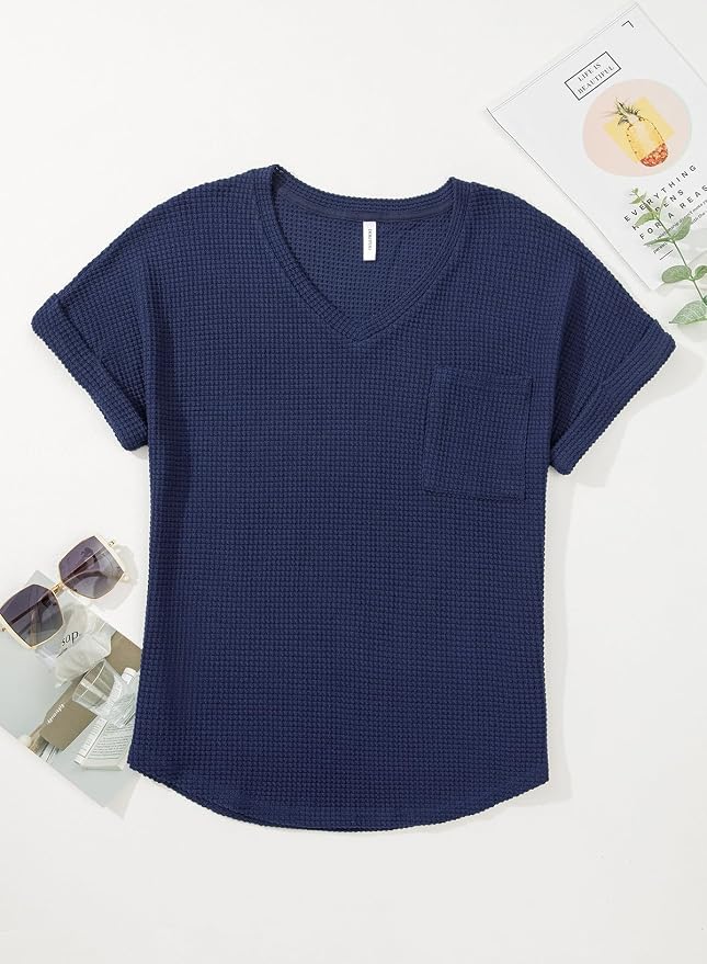Dokotoo Womens Waffle Knit Tops 2026 Spring Summer V Neck Shirts Casual Trendy Women's Blouses Basic Tee