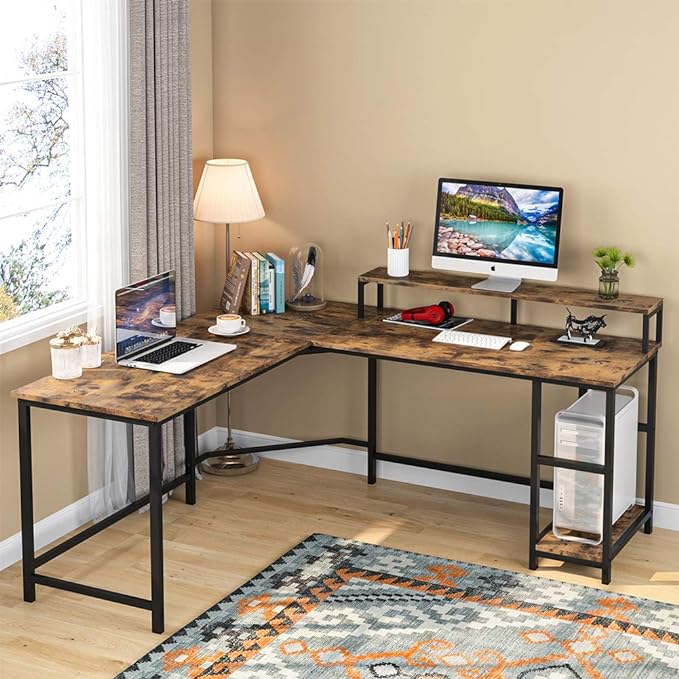 L-Shaped Computer Desk with Monitor Stand and Storage Shelves, Large Corner Desks for Home Office