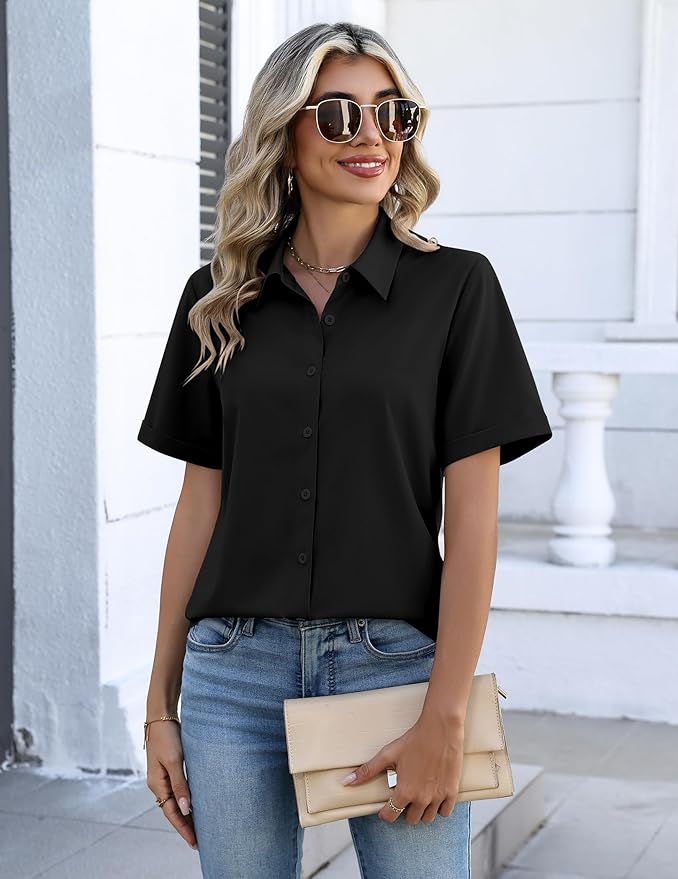 Zeagoo Button Down Shirts for Women Short Sleeve Collared Tops Dressy Casual V Neck Blouses