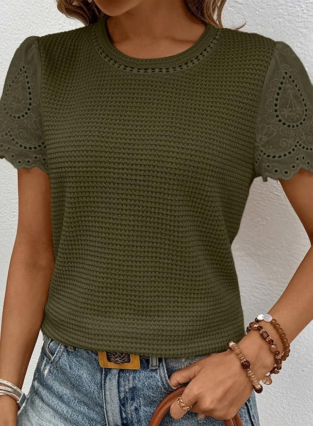 SHEWIN Womens Frenchy Summer Tops Crewneck Short Sleeve T Shirts Casual Waffle Knit Jacquard Blouses Top Shirts