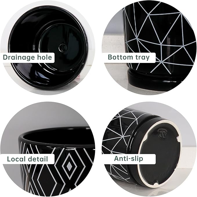 Ton Sin Flower Pots,5.5 Inch Black Ceramic Planter with Drainage Hole,Indoor Cylinder Plant Pots with Saucer,Cactus Succulent Outdoor Garden Pots Set of 4