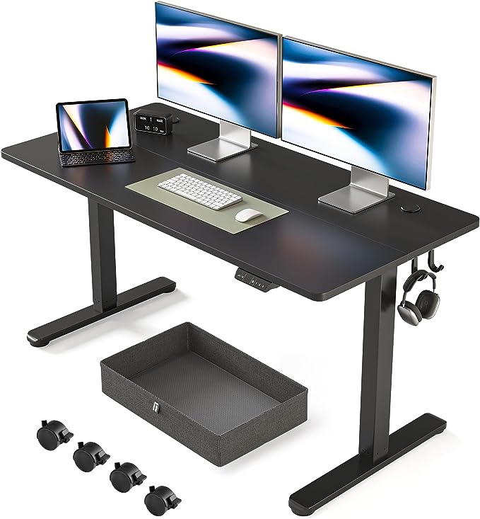 FEZIBO 55x 24 Inches Standing Desk with Drawer, Adjustable Height Electric Stand up Desk with Storage, Sit Stand Home Office Desk, Ergonomic Computer Desk, Black