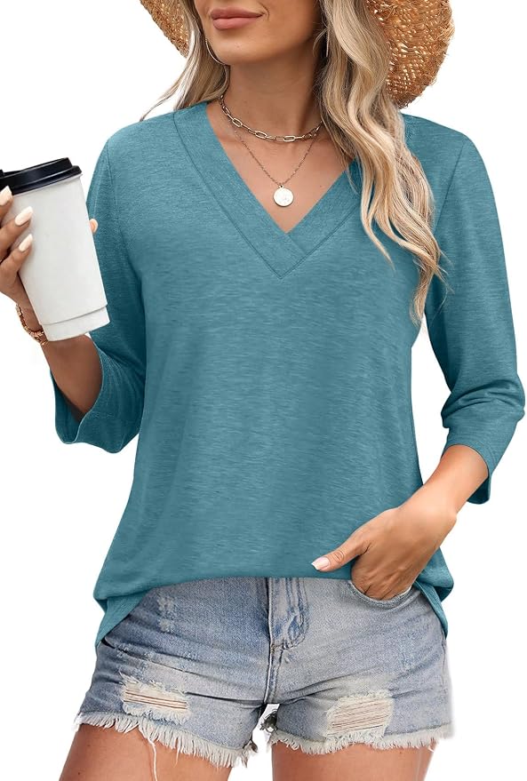 WIHOLL Womens Tops 3/4 Length Sleeve V Neck Casual Tunic Tops Basic Shirts Loose Fit Blouse