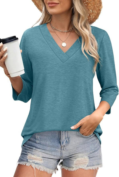 WIHOLL Womens Tops 3/4 Length Sleeve V Neck Casual Tunic Tops Basic Shirts Loose Fit Blouse