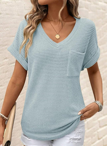 Dokotoo Womens Waffle Knit Tops 2026 Spring Summer V Neck Shirts Casual Trendy Women's Blouses Basic Tee