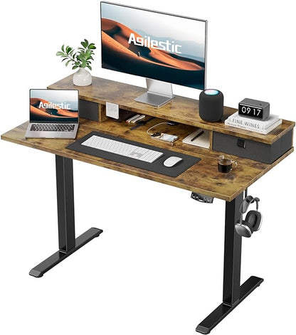 55 x 24 Inches Height Adjustable Electric Standing Desk with 2 Drawers, Stand Up Electric Desk Adjustable Height, Sit Stand Computer Gaming Table with Splice Board, Rustic Brown