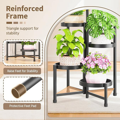 LASZOLA 5 Tiered Folding Tall Plant Stand Indoor for Multiple Large Planter, Heavy Duty Metal Adjustable Flower Rack for Narrow Corner, Sturdy Vertical Spiral Shelving Holder for Modern House, Black