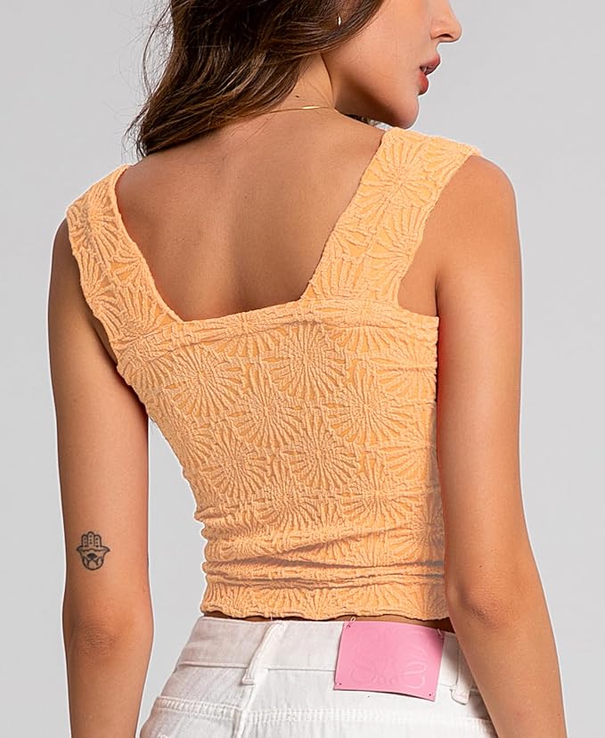 Women's Square Neck Wide Strap Crop Tank Tops Flower Going Out Tops Slim Fit Lettuce Trim Crop Cami Tops