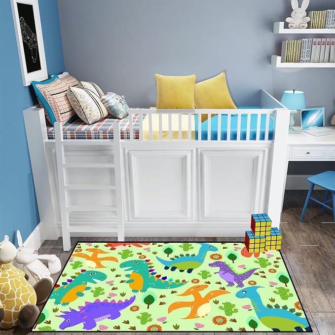Dinosaur Carpet for Boys Room Dinosaur Play Rug Kids Rug Cartoon Dinosaur Carpet Dino Rug Dinosaur Area Rug for Bedroom Livingroom Playing Room,Green 4'5''×6'