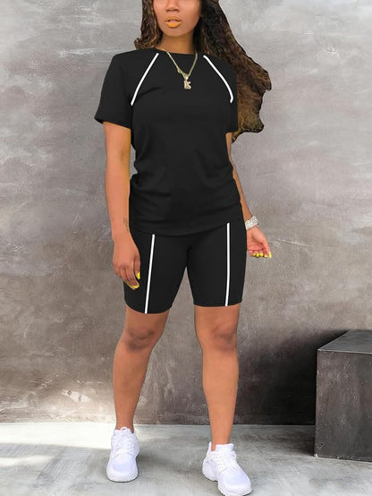 STOLKISS Women 2 piece Short Sets Classic Striped Outfits Summer Casual Short Sleeve T-Shirt and Short Jogger Tracksuits Sets