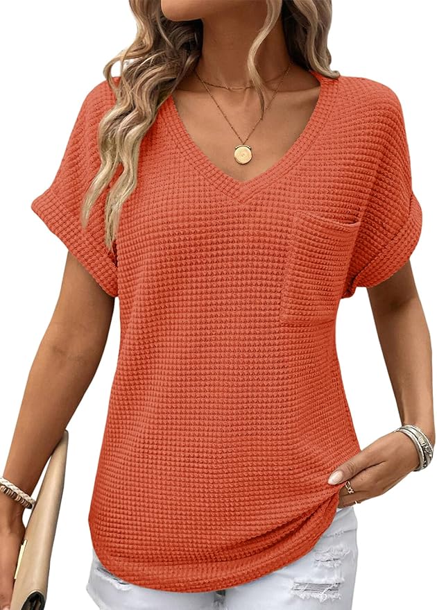 Dokotoo Womens Waffle Knit Tops 2026 Spring Summer V Neck Shirts Casual Trendy Women's Blouses Basic Tee
