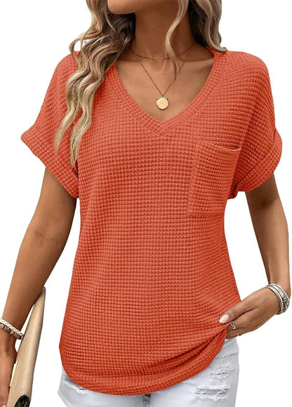 Dokotoo Womens Waffle Knit Tops 2026 Spring Summer V Neck Shirts Casual Trendy Women's Blouses Basic Tee
