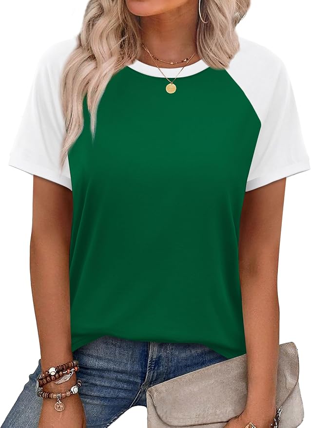 WIHOLL Womens Summer Tops Color Block Short Sleeve Raglan Shirts Spring Fashion Clothes Vacation Outfits