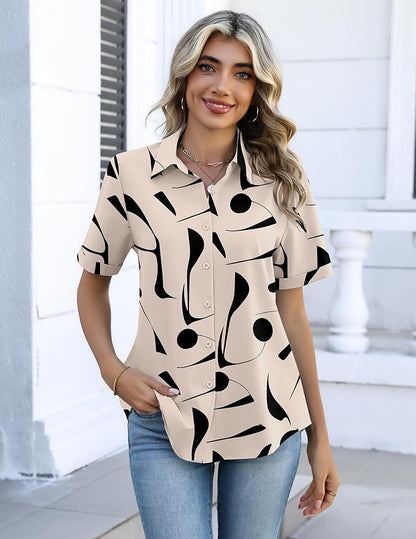 Zeagoo Button Down Shirts for Women Short Sleeve Collared Tops Dressy Casual V Neck Blouses