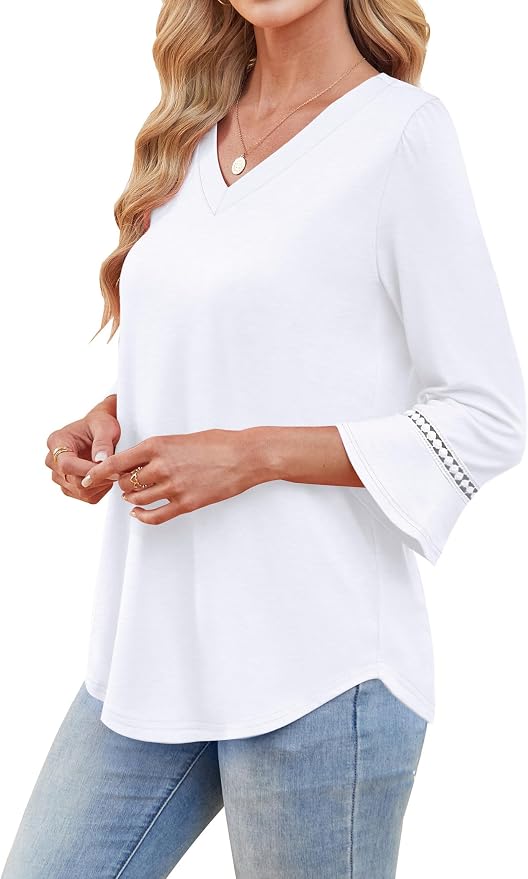 WIHOLL Womens Blouses Dressy Casual 3/4 Length Sleeve Tops Lace Trendy 2026 Spring Summer V Neck Shirts Vacation Outfits