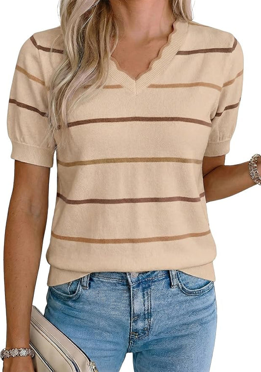 Dokotoo Womens Summer Short Sleeve Knit Tops 2026 Spring Trendy Casual V Neck Striped Sweater Blouses