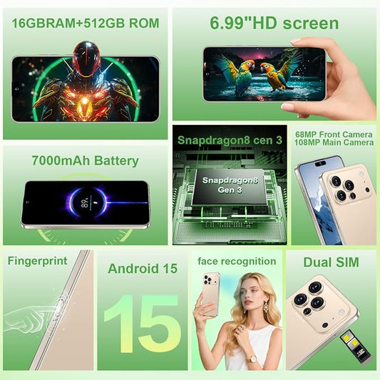 17 PMAX Unlocked Cell Phone,16GB+512GB Smartphone,6.99" HD Screen Android 15 5G Phones,Battery 7000mAh Android The Phone,Fingerprint Button Unlock/GPS/Face ID/Dual SIM/5G (Gold)