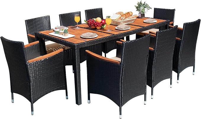 Devoko Outdoor Patio Dining Sets 9 Pieces Wicker Outdoor Dining Table and Chairs Set with Acacia Wood Table Top and Widened Armrests for Backyard, Garden, Deck (Black)