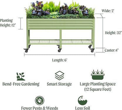 Rolling Elevated Raised Garden Bed-V Series, 2' x 6' Garden Beds with Legs & Storage Rack for Patio & Porch, 1000 Lbs Weight Capacity, Outdoor Planter Box for Vegetables Flower Herbs, Pearl White