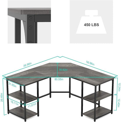Elephance Large L-Shaped Computer Desk with Shelves, Corner Desk, Home Office Writing Workstation, Gaming Desk PC Latop Table with Storage