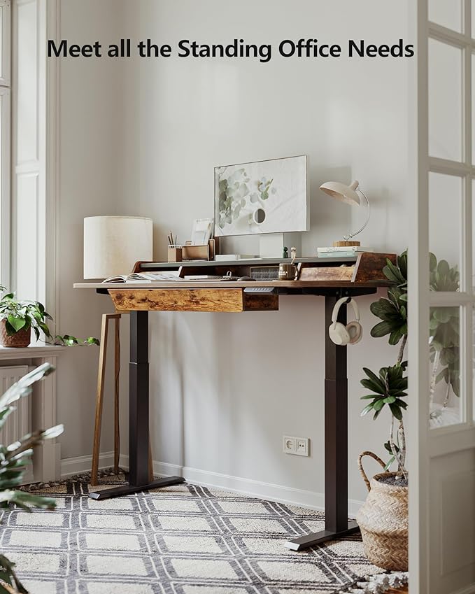 BANTI 48 x 24 Inch Electric Standing Desk with 3 Drawers, Adjustable Height Stand Up Desk, Sit Stand Home Office Desk with Storage Shelf, Rustic Brown Top