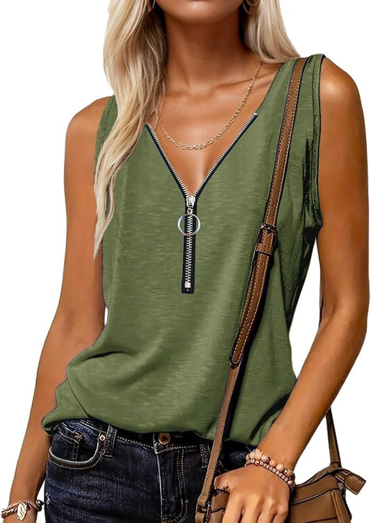Halife Womens Half Zip V Neck Tank Tops Summer Sleeveless Shirts Casual Loose Top Blouses T Shirts