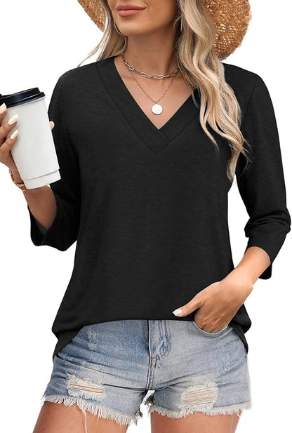 WIHOLL Womens Tops 3/4 Length Sleeve V Neck Casual Tunic Tops Basic Shirts Loose Fit Blouse